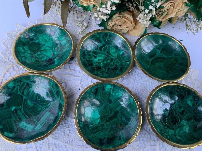 4 MALACHITE Bowl,Green,Malachite Dish,Hand Carved,Birds Eye Malachite,Brass Rim, Round image 5