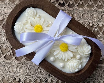 Daisy Dough Bowl Soy Candle Wedding Anniversary Engagement, Wooden Dough Bowl, Bridal Gift, Shower Gift Large 8.5"