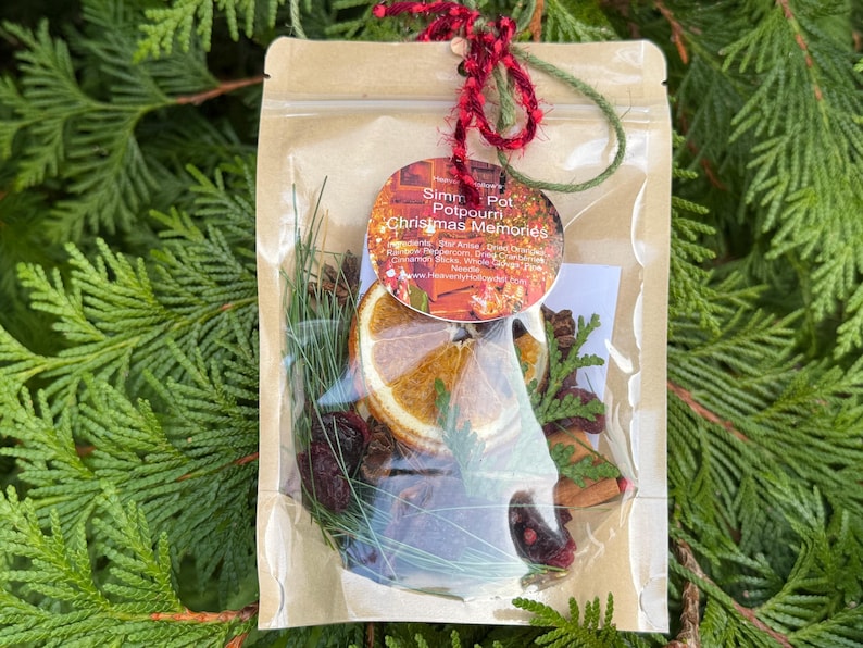 May include: A clear cellophane bag filled with potpourri, including dried orange slices, pine needles, and berries. A round tag with the text "Simmer Pot Potpourri Christmas Memories" is attached with red and green twine. The background is green foliage.