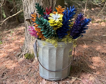 Painted Pinecones Floral Arrangement Handpicked Pine Cones with Metal Bucket Vase