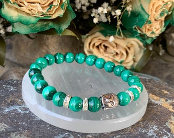 Genuine Malachite Buddha Bracelet for Men Women 8 mm Natural Stone Beaded Bracelets, Round Gemstones Stretch Bracelet, Crystal Jewelry Gifts