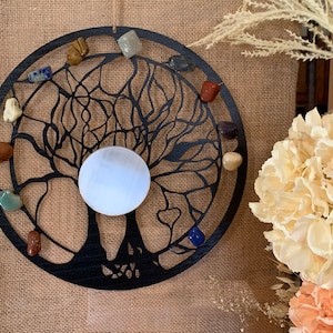 Tree of Life Metal Sculpture , Metal Tree Art, Art Decore, Wall Art Sculpture, Tree of Life, 11." Round Featuring A Selenite Moon