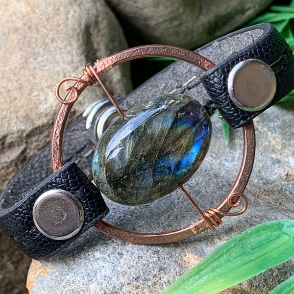 Labradorite Bracelet ,Wire Wrap Labradorite, Bracelets with Crystals, Copper Wire Wrap Bracelet, Black Leather w/clasp