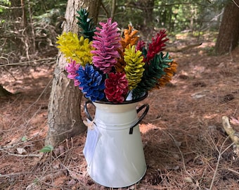 Painted Pinecones Floral Arrangement Handpicked Pine Cones with Metal Farmhouse Bucket Vase