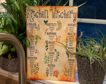 Kitchen Witchery Metal Tin Sign Indoor Outdoor Metal Sign, Medicinal Herbs Witches Magic, Herbal Metal Sign 8 x 12”