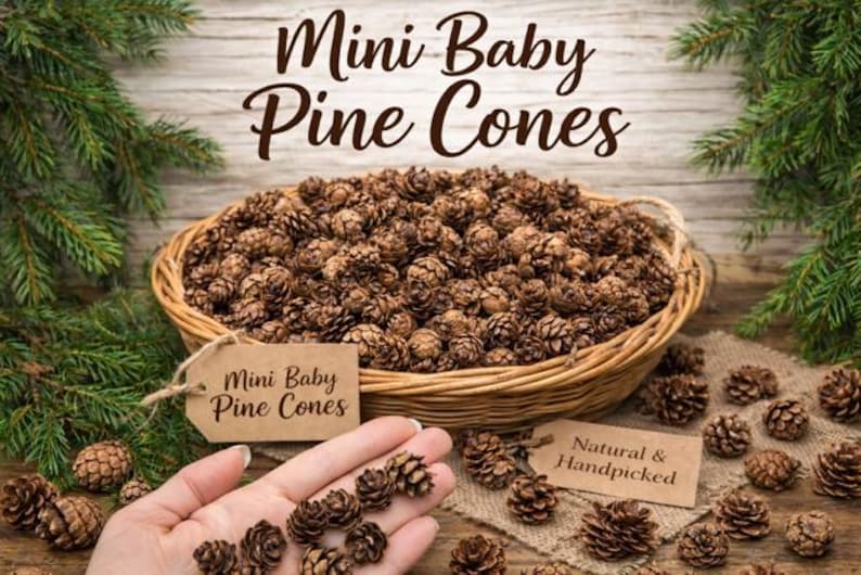 May include: A woven basket overflowing with mini baby pine cones, with a hand holding a few. The text "Mini Baby Pine Cones" is displayed above the basket. A tag reads "Natural & Handpicked".