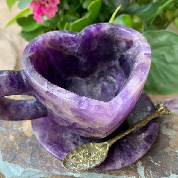 Amethyst Heart Teacup w/ Coaster, Amethyst Mug , Amethyst Coffee Mug, Amethyst Crystal Tea Cup , Heart Mug with Saucer, Crystal Mug w/Spoon