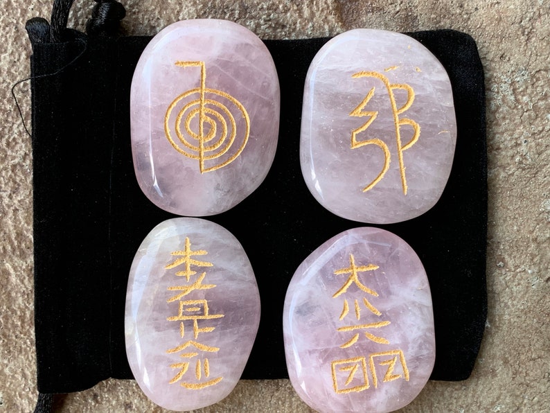 Reiki Set, Usui Reiki Set, Rose Quartz ,Reiki Set,Reiki Symbol Set,Rose Quartz 4 Pc with Pouch image 1