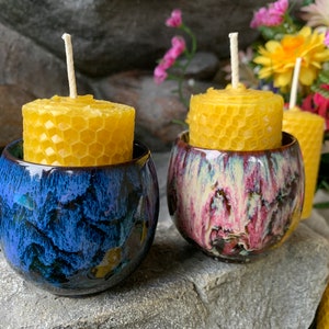 Honeycomb, Cylinder Candles,100% Beeswax Natural,Hand Rolled,Pillar Candles,Pure Sweet Wax,Taper Rolled Candle w Hand Painted Ceramic Votive