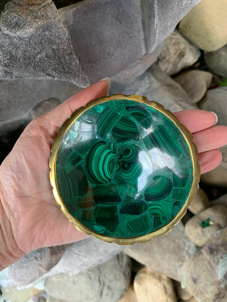 4 MALACHITE Bowl,Green,Malachite Dish,Hand Carved,Birds Eye Malachite,Brass Rim, Round image 7