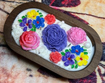 Flowers In Bloom  Dough Bowl Soy Candle Wedding Anniversary Engagement, Wooden Dough Bowl, Bridal Gift, Shower Gift Large 8.5"