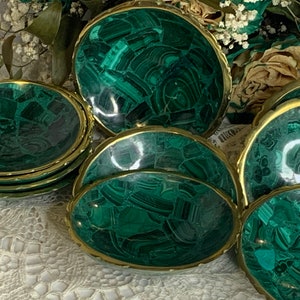4 MALACHITE Bowl,Green,Malachite Dish,Hand Carved,Birds Eye Malachite,Brass Rim, Round image 9