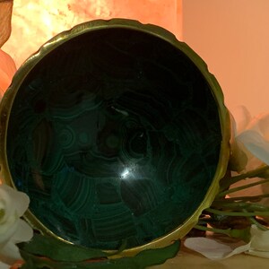 4 MALACHITE Bowl,Green,Malachite Dish,Hand Carved,Birds Eye Malachite,Brass Rim, Round image 6