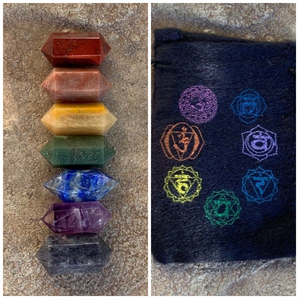 Herkimer Chakra Healing Bag Set- 7 Chakra , Reiki Chakra Stones, Tumbled Chakra Set, With Chakra Pouch