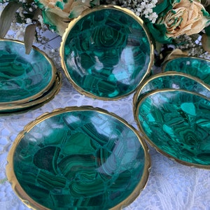 4 MALACHITE Bowl,Green,Malachite Dish,Hand Carved,Birds Eye Malachite,Brass Rim, Round image 1