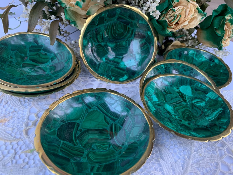 4 MALACHITE Bowl,Green,Malachite Dish,Hand Carved,Birds Eye Malachite,Brass Rim, Round image 1