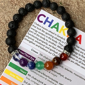 May include: Black lava rock bracelet with silver beads and seven chakra stones. The stones are amethyst, sodalite, green aventurine, carnelian, tiger's eye, red jasper, and clear quartz. The bracelet is on a white card with the text "Chakra means wheel in Sanskrit. that look like spinning wheels or Ch energy centers in the body. They p part of the body to another. When functioning properly, we feel a sen physical, emotional and spiritual. G strengthen and balance our Chab Crown 7th chakra/w wisdom & Brow/Third Eye 6t les are often used to Jartz, selenite, moonstone adge Heart 4th chakra/pink or owers & insight n chakra/blue/turquoise, sod communication & creative ex ple/amethyst, quartz love, compassi Solar Plexis 3rd ch A Spl"