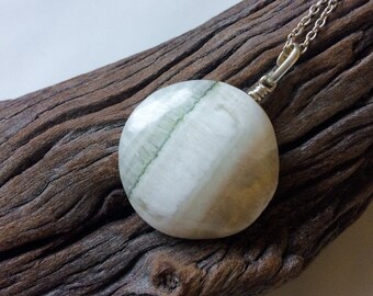 Banded Aragonite silver pendant, Peruanita pendant, Round stone pendant, Cave Aragonite, White pink stripes, Spiritual gift, Healing gem