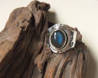Adjustable Wide Band Labradorite Ring, Hammered Sterling Silver, Size 6-8