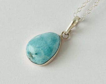 Larimar sterling silver drop pendant, Natural blue Larimar, Teardrop shaped Larimar pendant, Dominican gem, Tropical, Larimar jewelry set