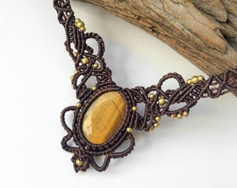 Micro Macrame Tiger Eye Necklace, Brass Beads, Boho Tribal Collar