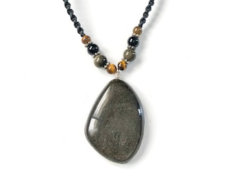 Golden Obsidian Macrame necklace, Black necklace, Golden shin Obsidian teardrop necklace, shiny stone, Volcanic lava stone, Mexican Obsidian