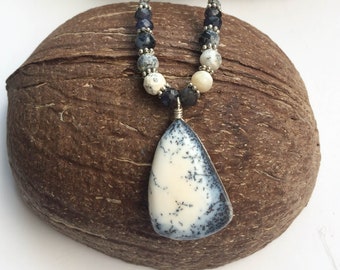 Merlinite/ Dendrite Opal necklace, Natural Merlinite necklace, Beaded necklace, Adjustable necklace, Dendritic Opal, Blue & white stones