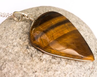 Tiger eye sterling silver pendant, Upside down teardrop shaped Tigers eye pendant, natural brown gemstone, For men, Unisex Tiger eye Jewelry