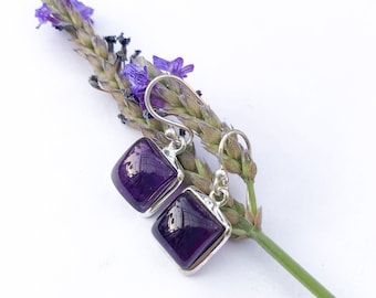 Square Amethyst earrings, Purple Amethyst silver earrings, sterling silver Amethyst earrings, dangle Drop earrings, Square mauve earrings