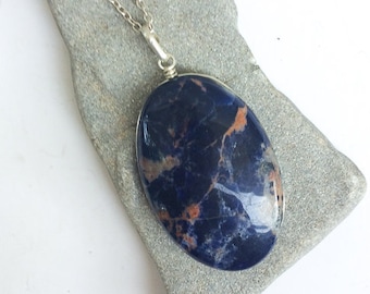Sodalite pendant, Natural Blue Orange Sodalite, sterling silver pendant, Large oval Sodalite pendant, Blue orange stone, Natural gemstone