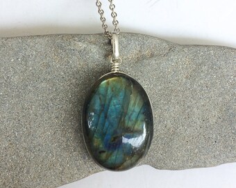 Oval Rainbow Labradorite Pendant, Sterling Silver Wire Wrapped Gemstone