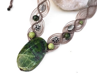 Green Jade macrame necklace, Harmonized green tones and soft wavy macrame art. Natural stones necklace, Boho, Oval Jade, Handmade, gift idea