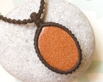 Sunstone macrame necklace, Boho Sunstone necklace, Black and orange necklace, Beach, Gift, Sunstone macrame pendant, Glitter, Ready to ship!
