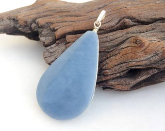 Celestite pendant, Teardrop shaped Celestite pendant, Big size pendant, Large Angelite silver pendant, Throat chakra, Light blue Celestite