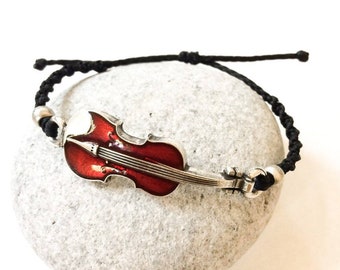 Red Violin bracelet, Red glaze Violin macrame bracelet, Adjustable bracelet, Musical bracelet. waterproof, musician gift, Red violin, rustic