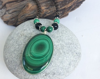 Natural Malachite Macrame Necklace, Sterling Silver Pendant