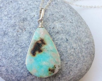 Opal pendant, blue Peruvian opal, teardrop shape, blue green natural stone, Sky blue Opal, Opal silver jewelry, Natural gemstone, spiritual