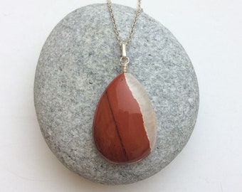 Red Jasper pendant, Tricolor Jasper pendant, Red and white Jasper, Red stone pendant, Teardrop pendant, Half transparent, Sterling silver