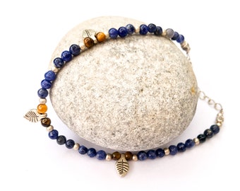 Lapis lazuli & tiger eye luxury anklet, Natural gemstones anklet, Blue and brown, Silver leaf decoration, Adjustable length, Faceted gems
