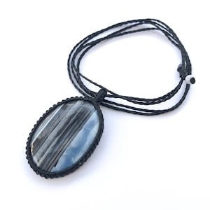 Natural blue Opal necklace, Oval blue opal, natural gemstone Macrame necklace, Blue brown white stone, Landscape opal, Adjustable length