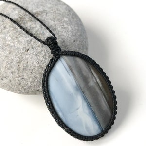 Huge blue Opal necklace, Oval blue opal, Natural stone & Macrame necklace, Blue brown white stripes stone, Landscape opal, Adjustable length