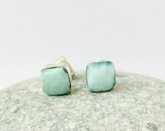 Larimar sterling silver Square studs, Natural Larimar stone studs earrings, blue green, button earrings, square gem studs, Dominican Larimar