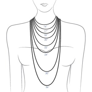 Op de afbeelding: Een diagram met kettinglengtes van 40,6 cm tot 91,4 cm, weergegeven op een mannequin. De tekst "Chain Reference Guide" staat bovenaan. De lengtes worden in inches weergegeven.