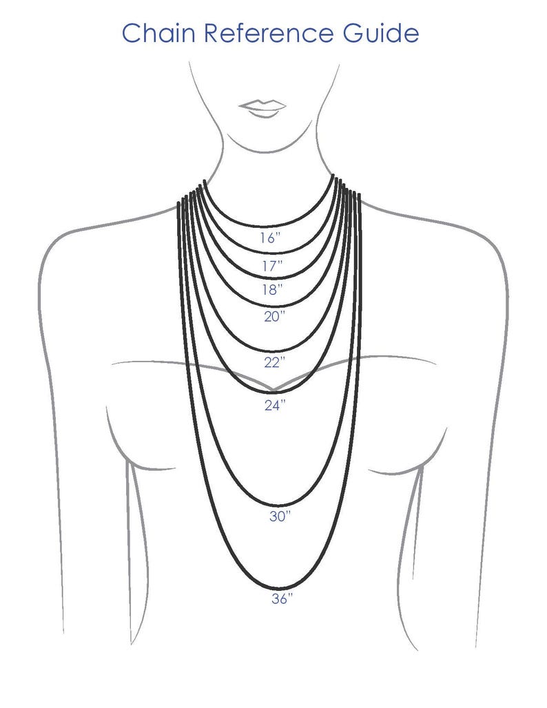 Op de afbeelding: Een diagram met kettinglengtes van 40,6 cm tot 91,4 cm, weergegeven op een mannequin. De tekst "Chain Reference Guide" staat bovenaan. De lengtes worden in inches weergegeven.