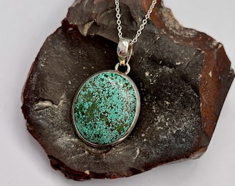 Turquoise sterling silver pendant, Oval Tibetan Turquoise, Blue gemstone pendant, Turquoise pendant, Tibetan Turquoise jewelry
