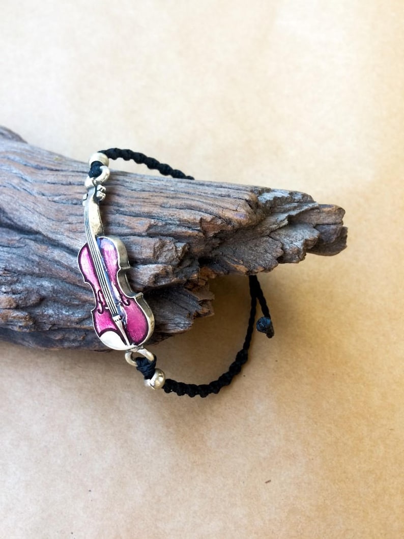 Musical bracelet Adjustable bracelet pink violin charm glaze Violin macrame bracelet musician gift waterproof Pink Violin bracelet