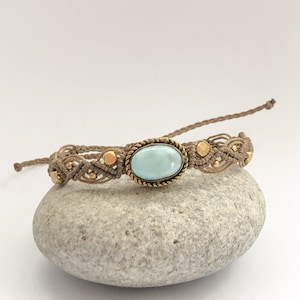 Blue Larimar brass macrame bracelet, Wide macrame bracelet, natural Larimar gemstone bracelet, blue stone and brass bracelet, gift for her