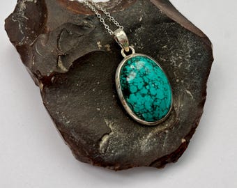 Tibetan Turquoise sterling silver pendant, Oval Turquoise pendant, Blue green natural gem, sterling silver pendant necklace