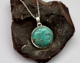 Round Turquoise pendant, Tibetan Turquoise Ethnic pendant, sterling silver pendant, silver turquoise necklace, Round turquoise