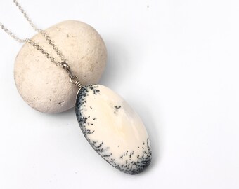 Dendritic Opal silver pendant, Merlinite stone pendant, Large Oval stone pendant, blue & white shades, natural gemstone, Spiritual Gift